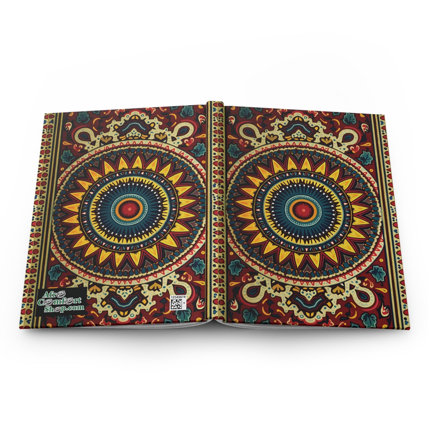 An open notebook displays a vibrant mandala pattern on both covers, inspired by African designs. Concentric circles in red, yellow, blue, and green create this hardcover journal. “Aloe Color Print” and a QR code appear on the lower left. White background.