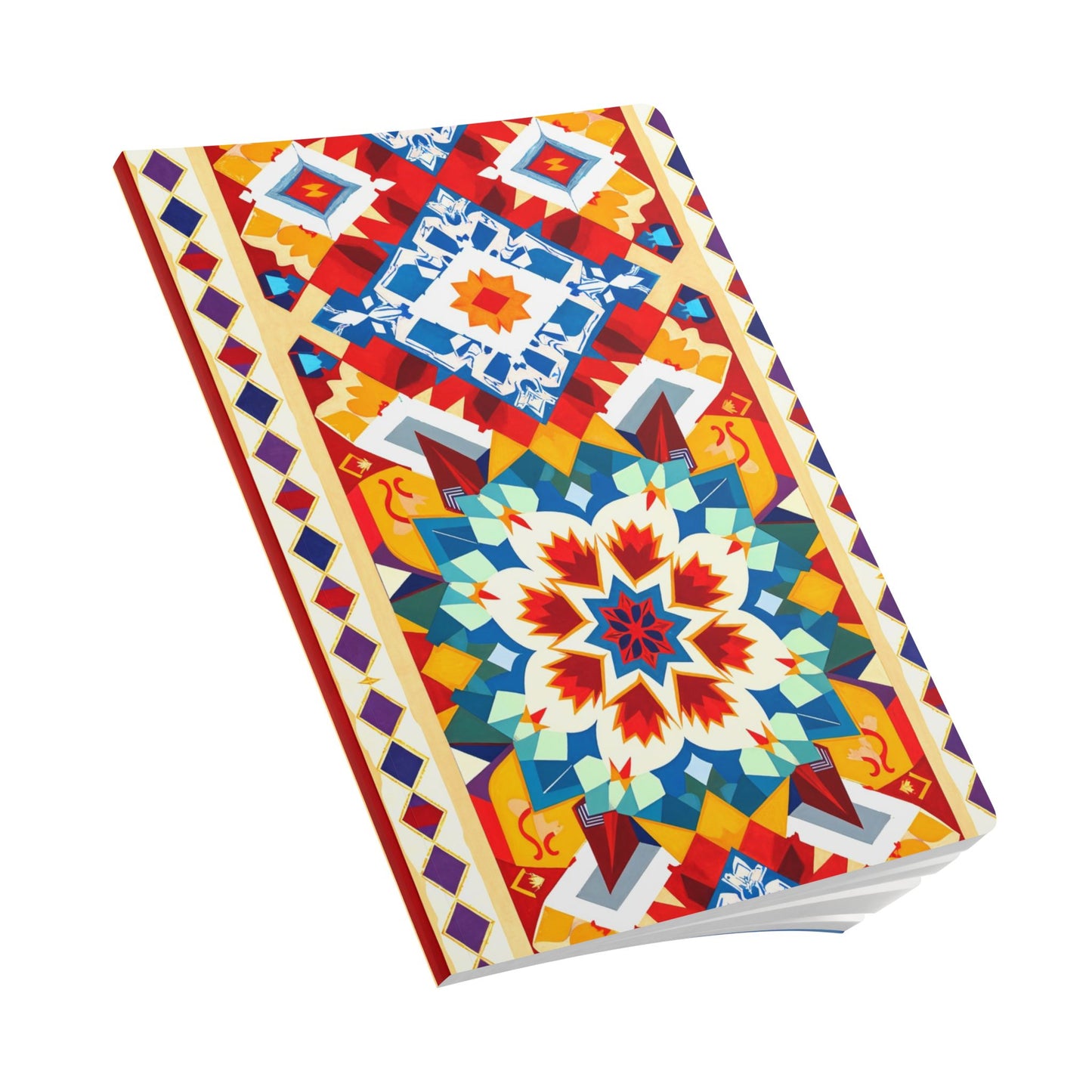 A closed African-inspired journal with a bright, intricate geometric pattern on the cover. Vibrant red, blue, orange, and yellow star motifs pop against a white background—perfect for daily journaling or as a creative journal.