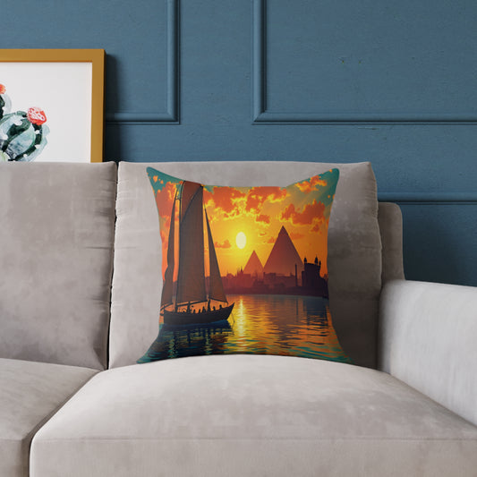 A beige couch with a vibrant throw pillow featuring a vivid sunset scene: a sailboat on water, orange sky, pyramids, and silhouetted buildings. The blue wall has molding, and a cactus art print is partially visible on the left.