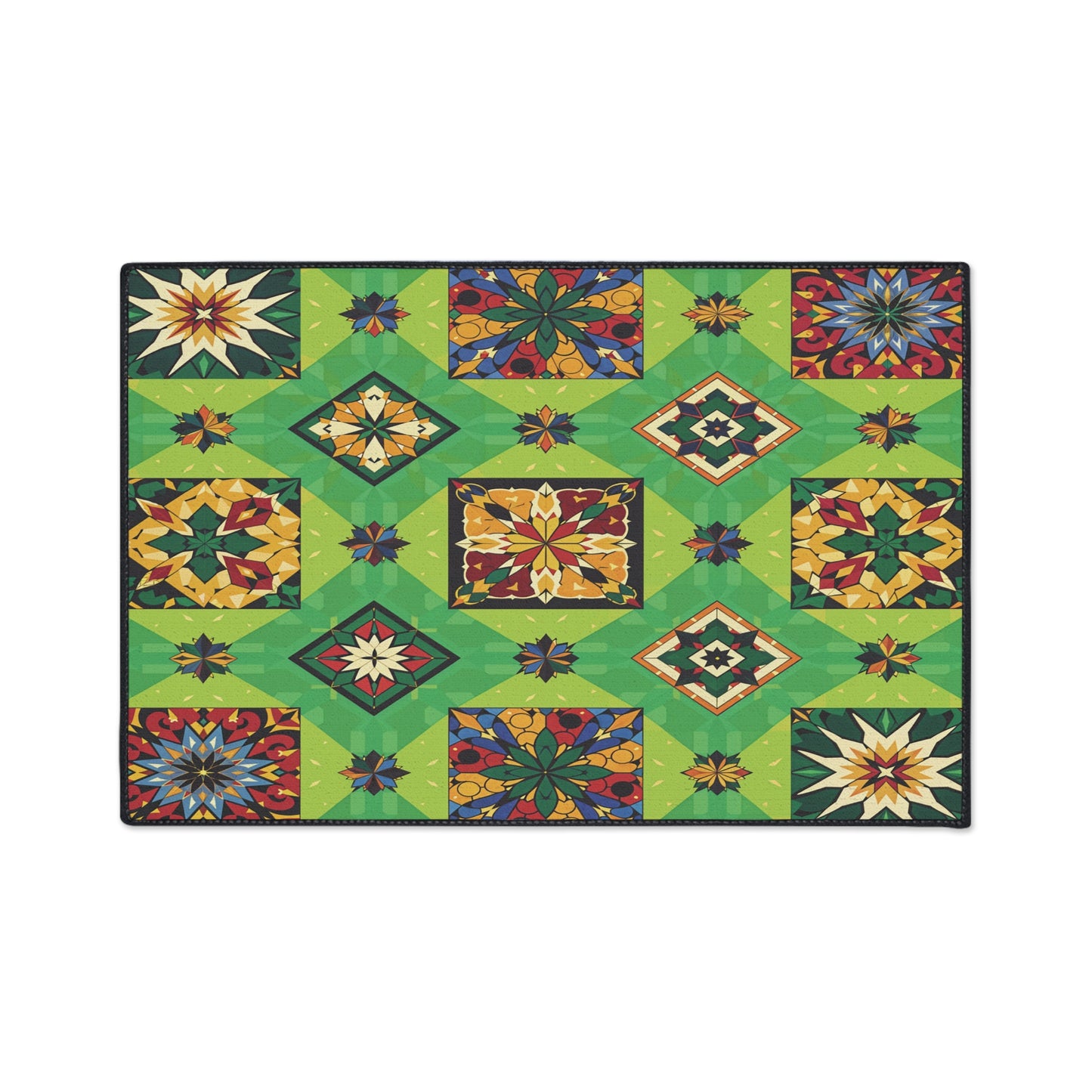 A colorful quilt with a geometric patchwork pattern features star, diamond, and floral designs in vibrant tones, arranged in symmetrical blocks on a green background—perfect for custom floor mats with African-inspired aesthetics.