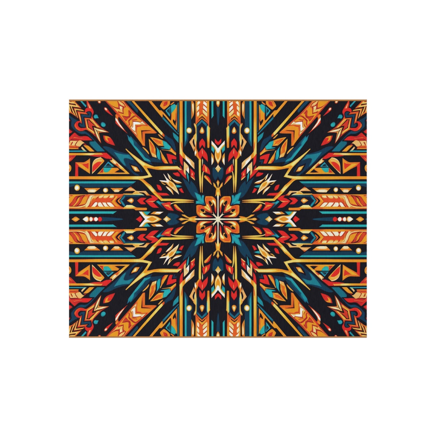 A symmetrical, geometric pattern with bold zigzags, arrows, and diamonds in vibrant hues radiates outwards on a white background—crafted from weather-resistant polyester chenille and ideal for African-inspired outdoor rugs with no-slip backing.