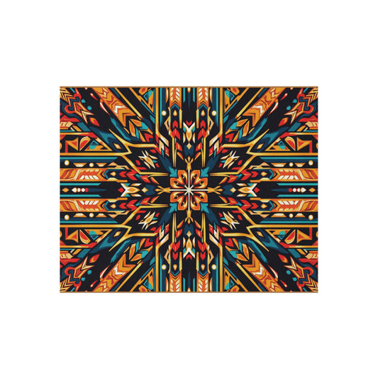 A symmetrical, geometric pattern with bold zigzags, arrows, and diamonds in vibrant hues radiates outwards on a white background—crafted from weather-resistant polyester chenille and ideal for African-inspired outdoor rugs with no-slip backing.