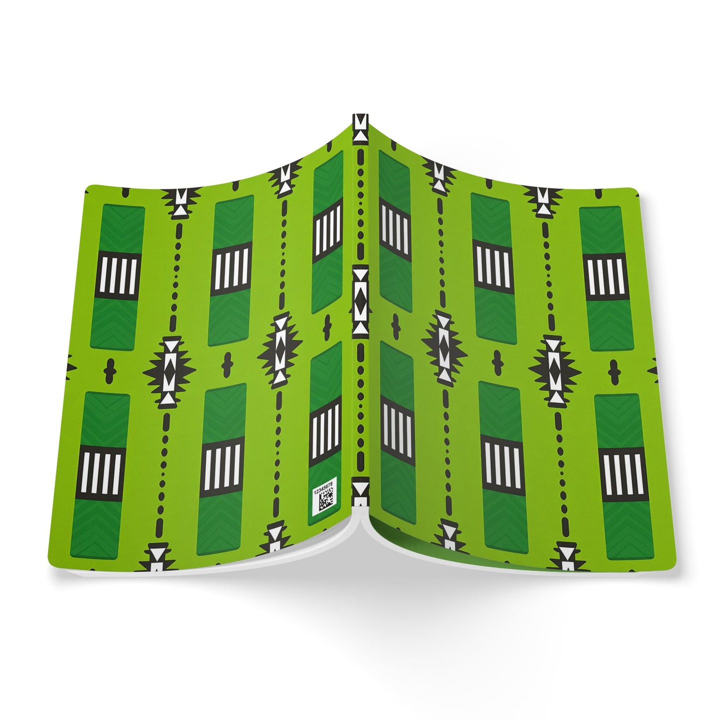An open African-inspired journal with a vibrant green cover featuring a geometric pattern of vertical rectangles, black-and-white stripes, and diamond shapes. The modern, abstract design is perfect for daily journaling or as a creative notebook.