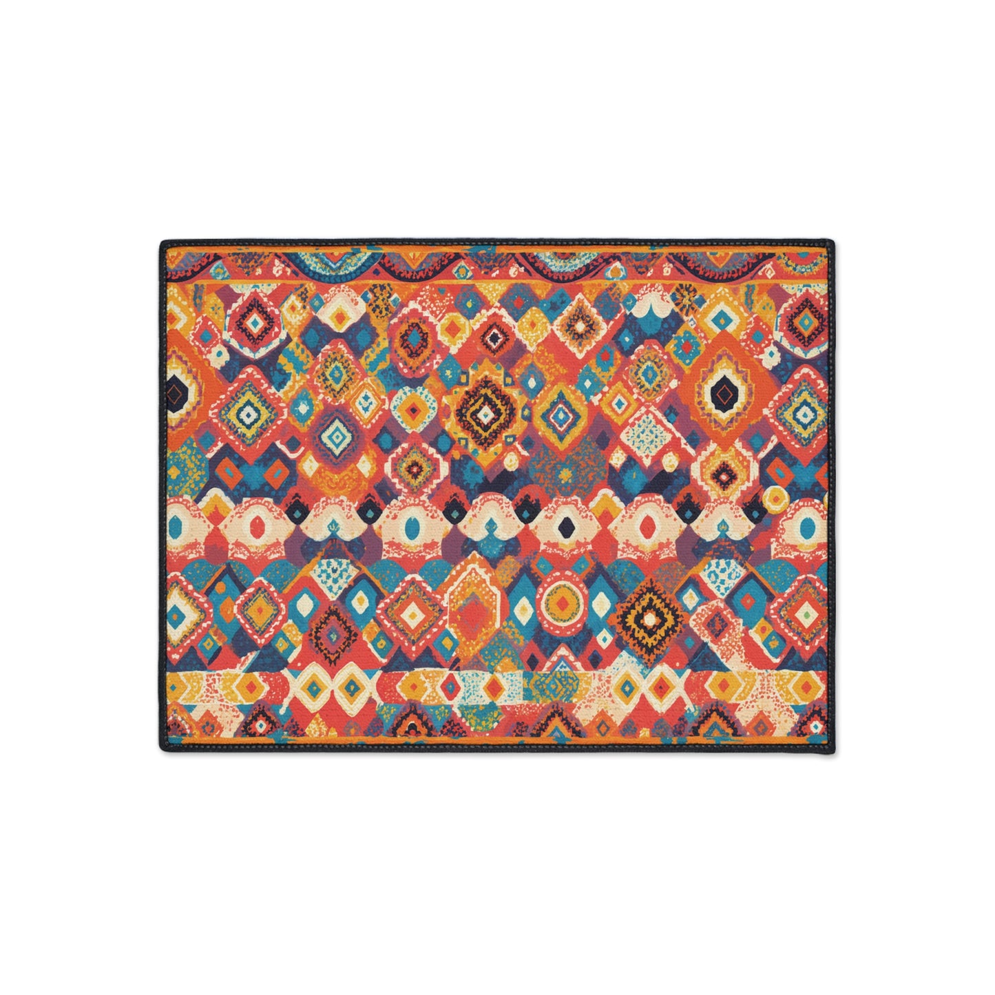Rectangular rug with a colorful, geometric, and tribal-inspired pattern. The design features overlapping diamonds, circles, and abstract shapes in vibrant hues—a perfect non-slip rug for African-inspired home décor with a bold black border.