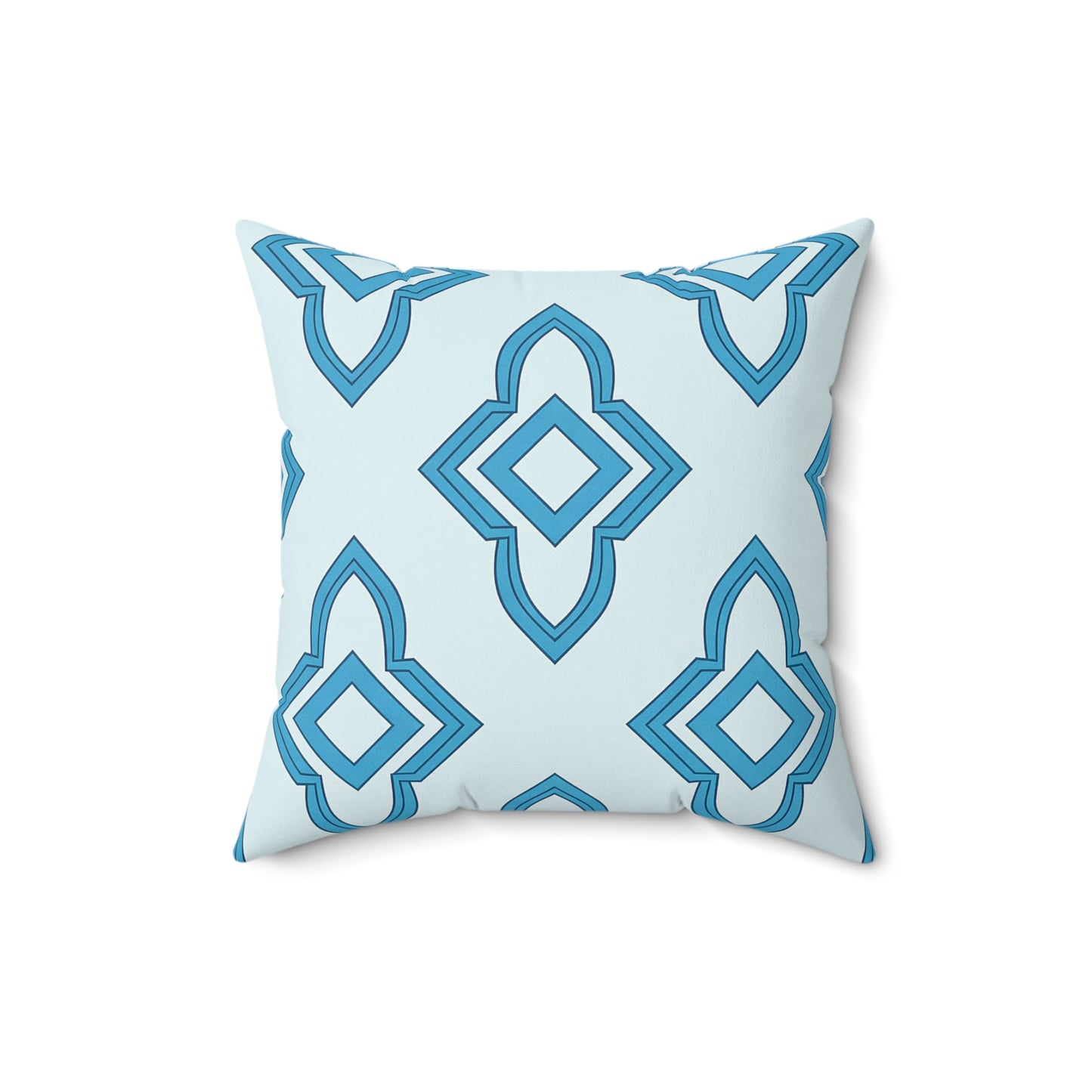 A square faux suede pillow with a pale blue background featuring a repeating geometric diamond pattern in shades of blue. The modern, symmetrical design adds a crisp look, perfect as an African accent pillow for your space. Photographed on a plain white background.