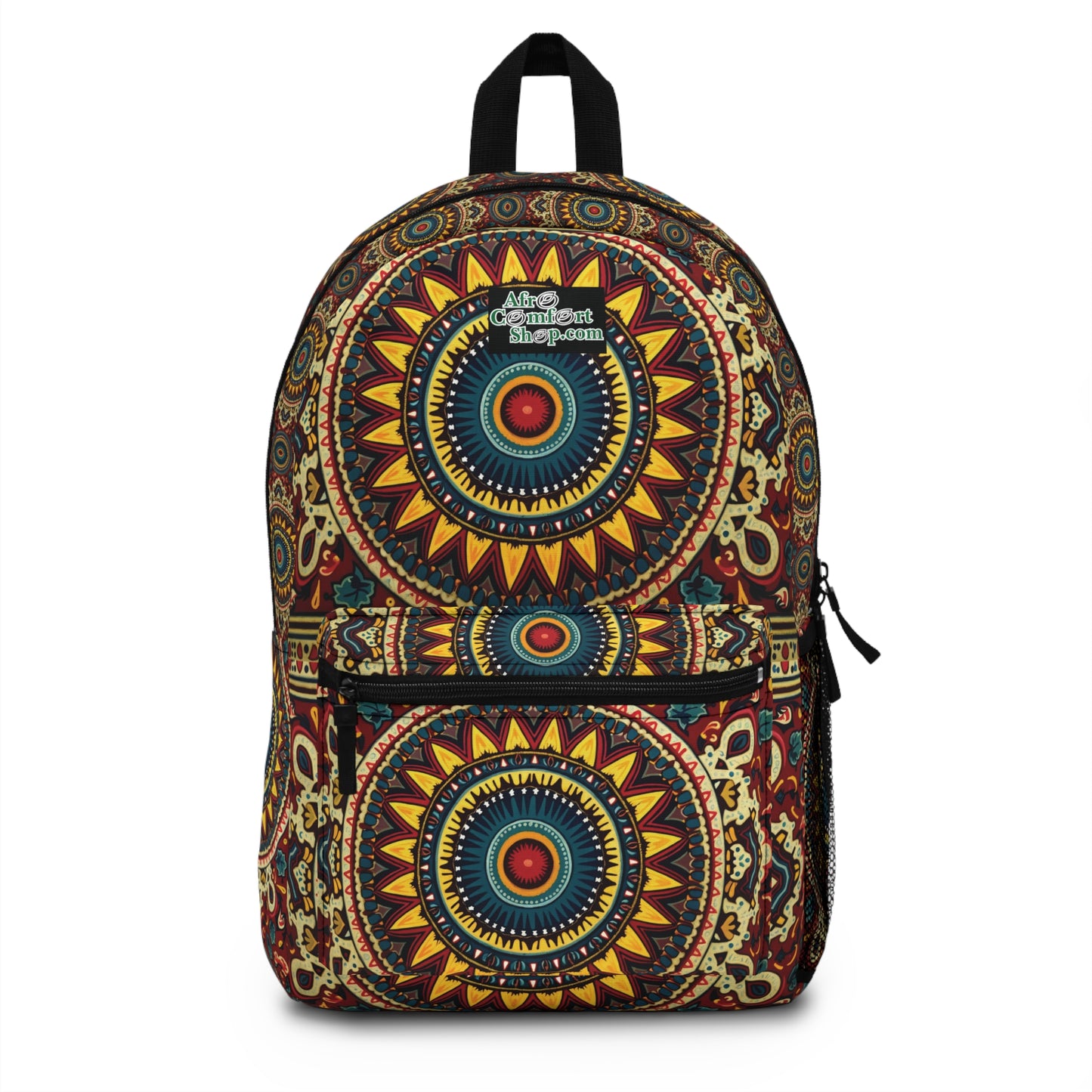 A boho chic rucksack with vibrant mandala patterns in red, yellow, blue, and green. Large circular motifs and intricate geometric details decorate this African-inspired backpack, with a matching front pocket and Afro Culture Shop.com logo at the top center.