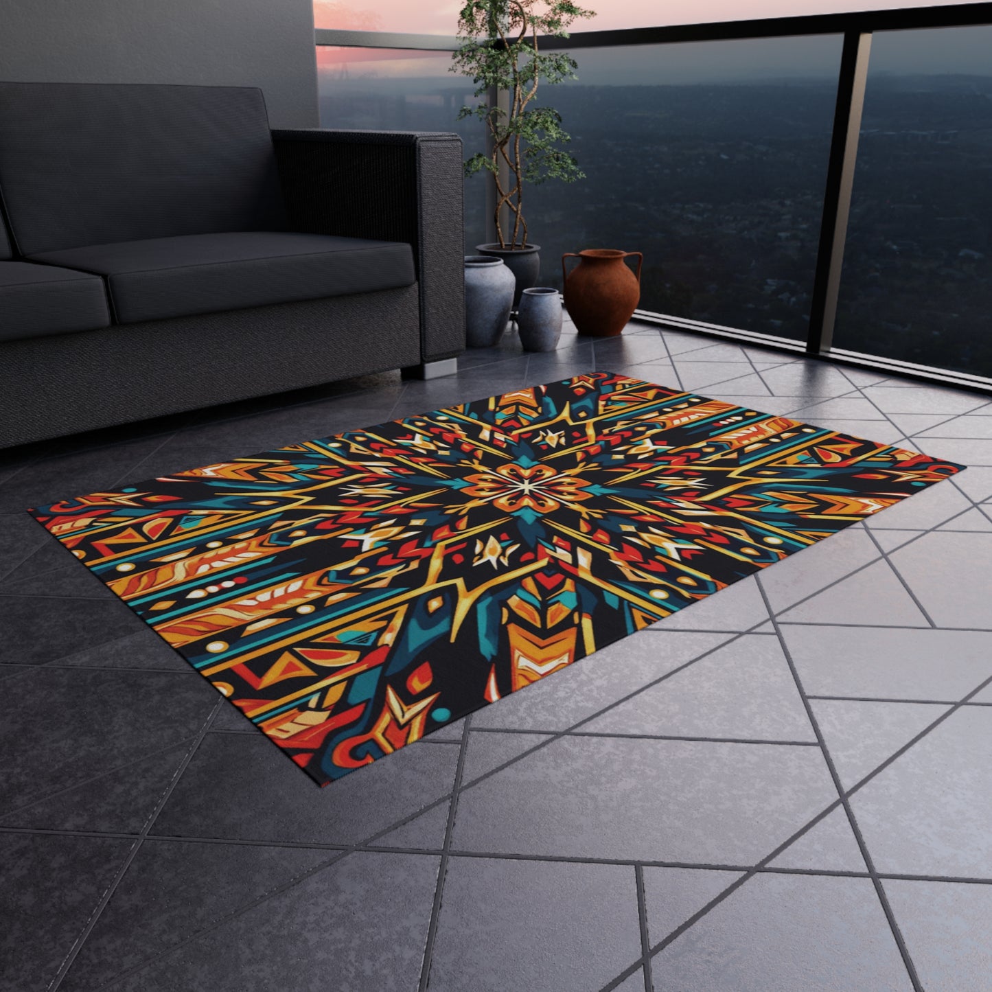 A vibrant African-inspired outdoor rug with a bold, geometric, multicolored pattern lies on gray tiled flooring of a modern balcony. A black sofa, potted plant, clay vases, and glass railing overlook a hazy cityscape at sunset.