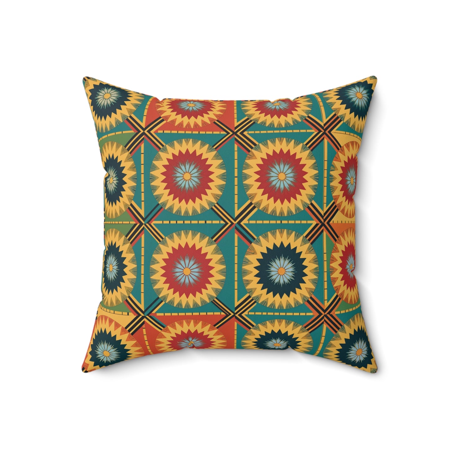 Square pillow with a geometric starburst pattern in red, yellow, teal, and black. African-Inspired pillow design features bold, vibrant patterns within squares bordered by yellow lines on a teal and mustard background—perfect for adding flair to your home decor.