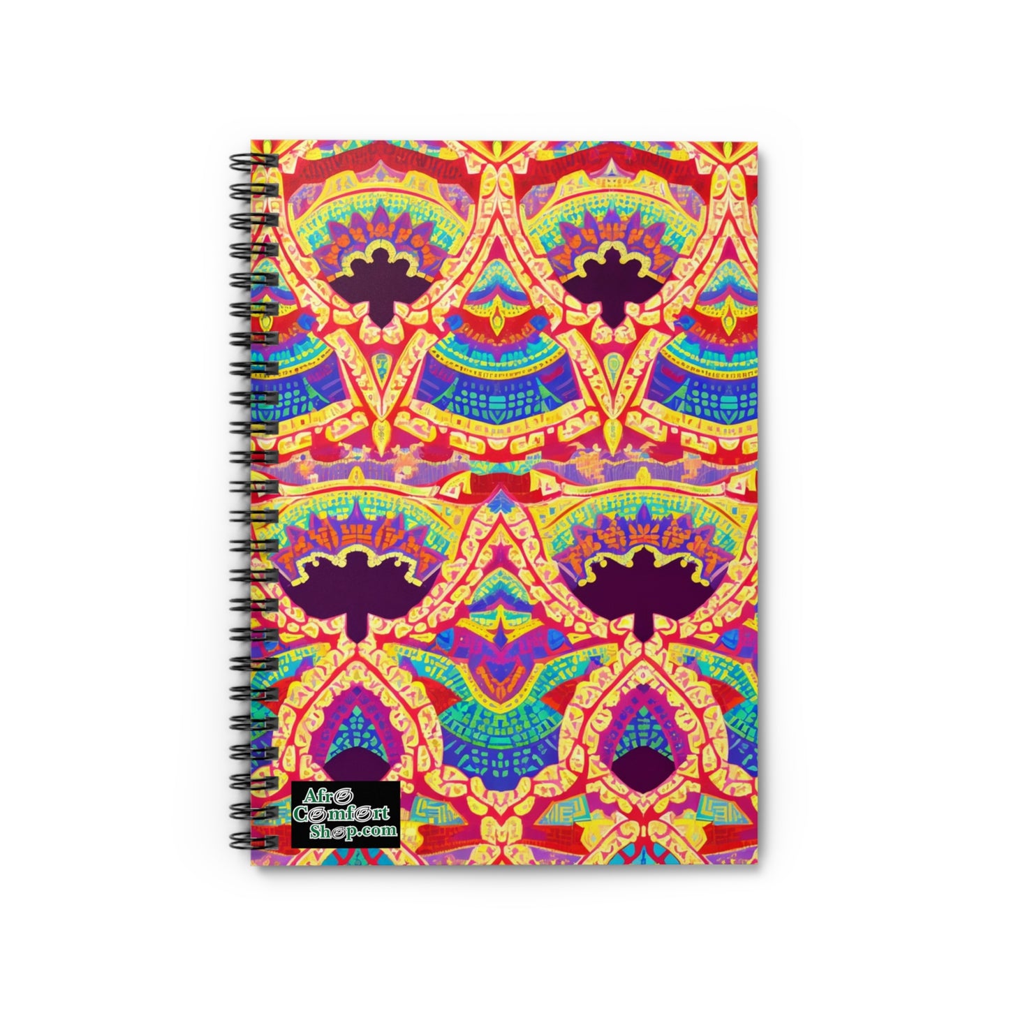 A culturally inspired notebook, this spiral notebook features a vibrant, symmetrical pattern with yellow, red, blue, green, and purple shapes reminiscent of abstract masks. The design covers the front cover with a small Alice Collette Shop.com logo in the corner.