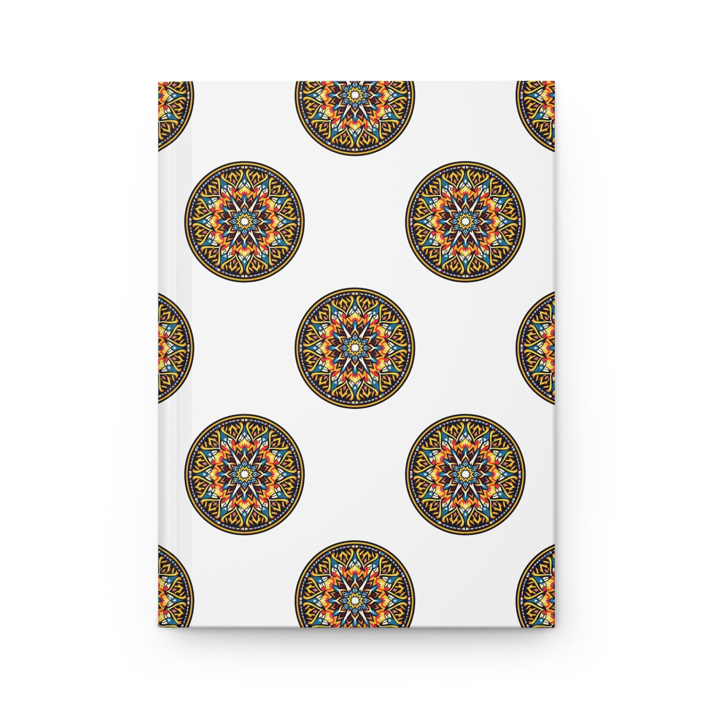 A white hardcover journal featuring a repeating pattern of intricate, multicolored mandala designs in circular shapes. The mandalas are evenly spaced and display vibrant blue, orange, yellow, and black details—perfect for a wellness journal.