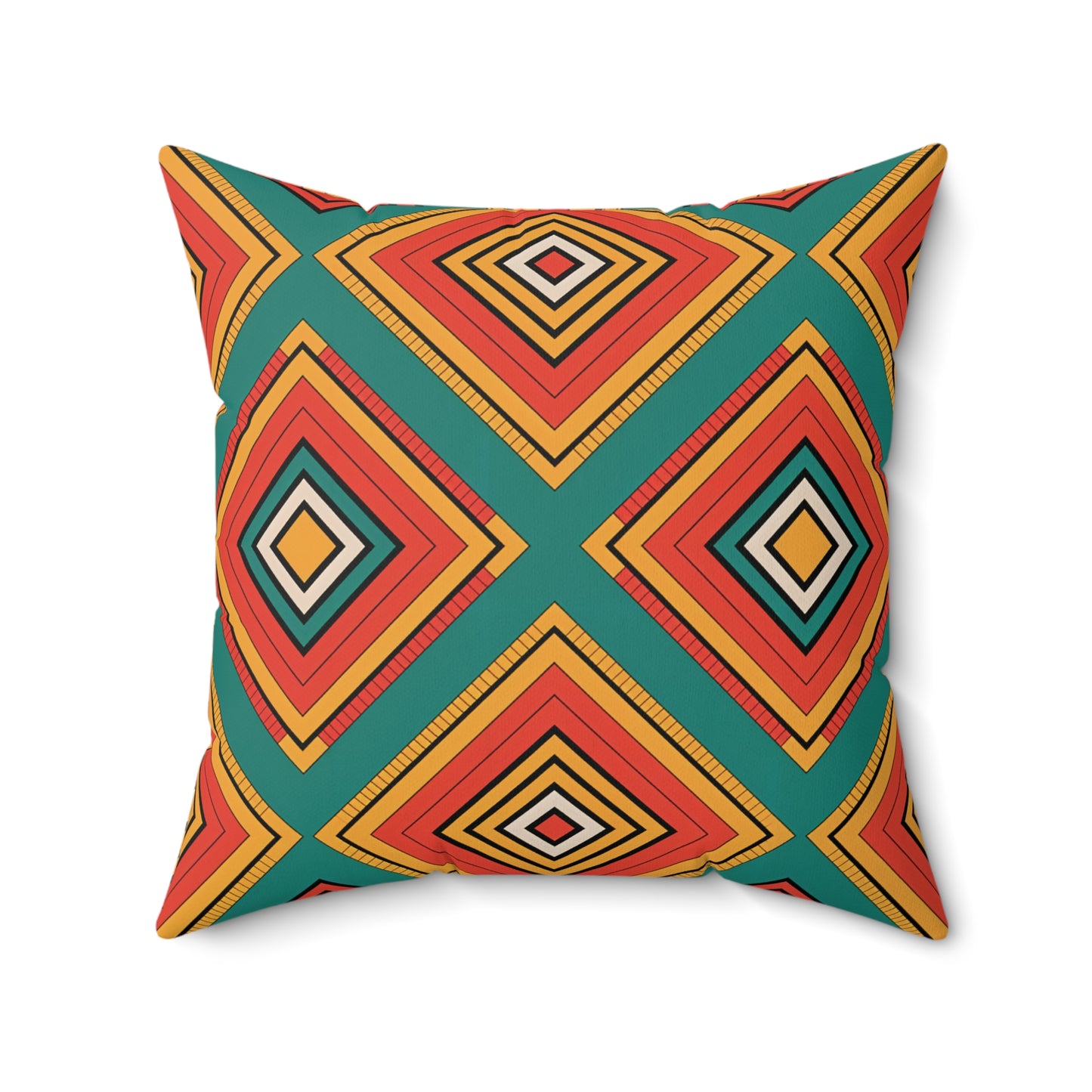 A square throw pillow featuring a bold, African-inspired geometric pattern of concentric diamonds in orange, red, yellow, and black on teal. The vibrant patterns create a striking and modern look for unique decor.