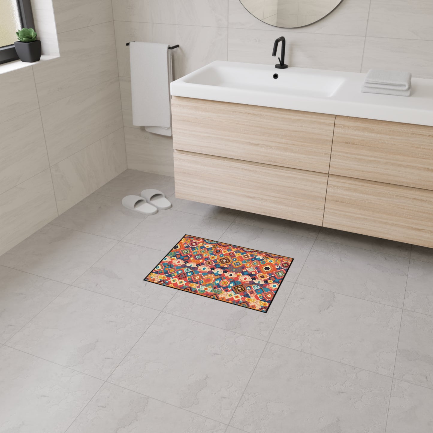Modern bathroom with light wood vanity, white countertop, black faucet, and round mirror. A colorful custom floor mat with non-slip rubber backing adds a vibrant touch to the gray tile floor. The overall look is clean and minimal.