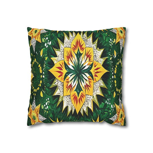 Rectangular pillow with a vibrant symmetrical pattern inspired by African pillowcases. A bold, star-like motif in yellow, green, white, and red centers the design, surrounded by leafy and floral shapes on a dark green background for a striking look.