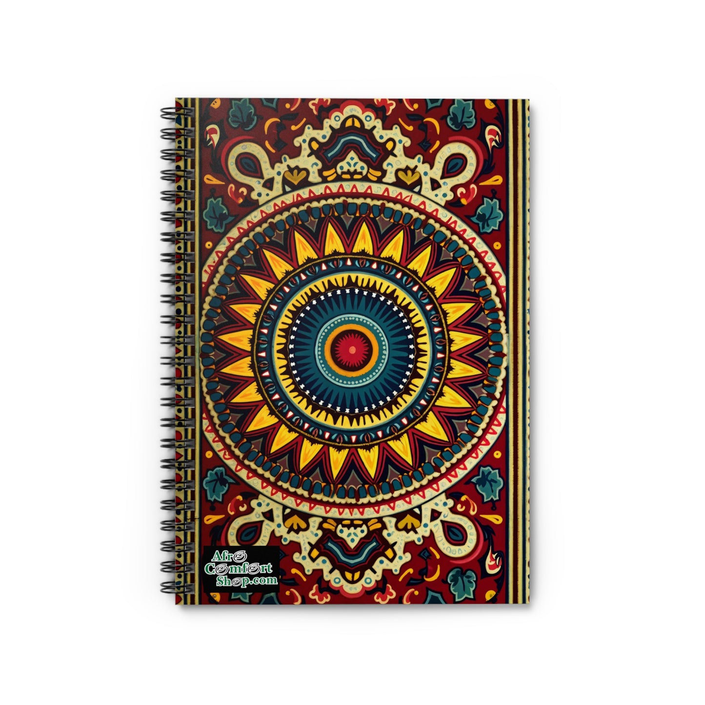 A spiral-bound notebook with a vibrant cover featuring an intricate, colorful mandala in red, yellow, blue, and orange tones. Inspired by culturally inspired designs, “Alter Comfort shop.com” is printed in white at the bottom left corner.