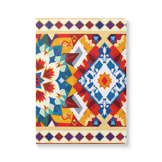 A colorful geometric African-inspired journal featuring symmetrical patterns in red, blue, orange, yellow, and white. The design includes diamond shapes and stylized motifs with a red and yellow diamond border along the top and bottom edges.