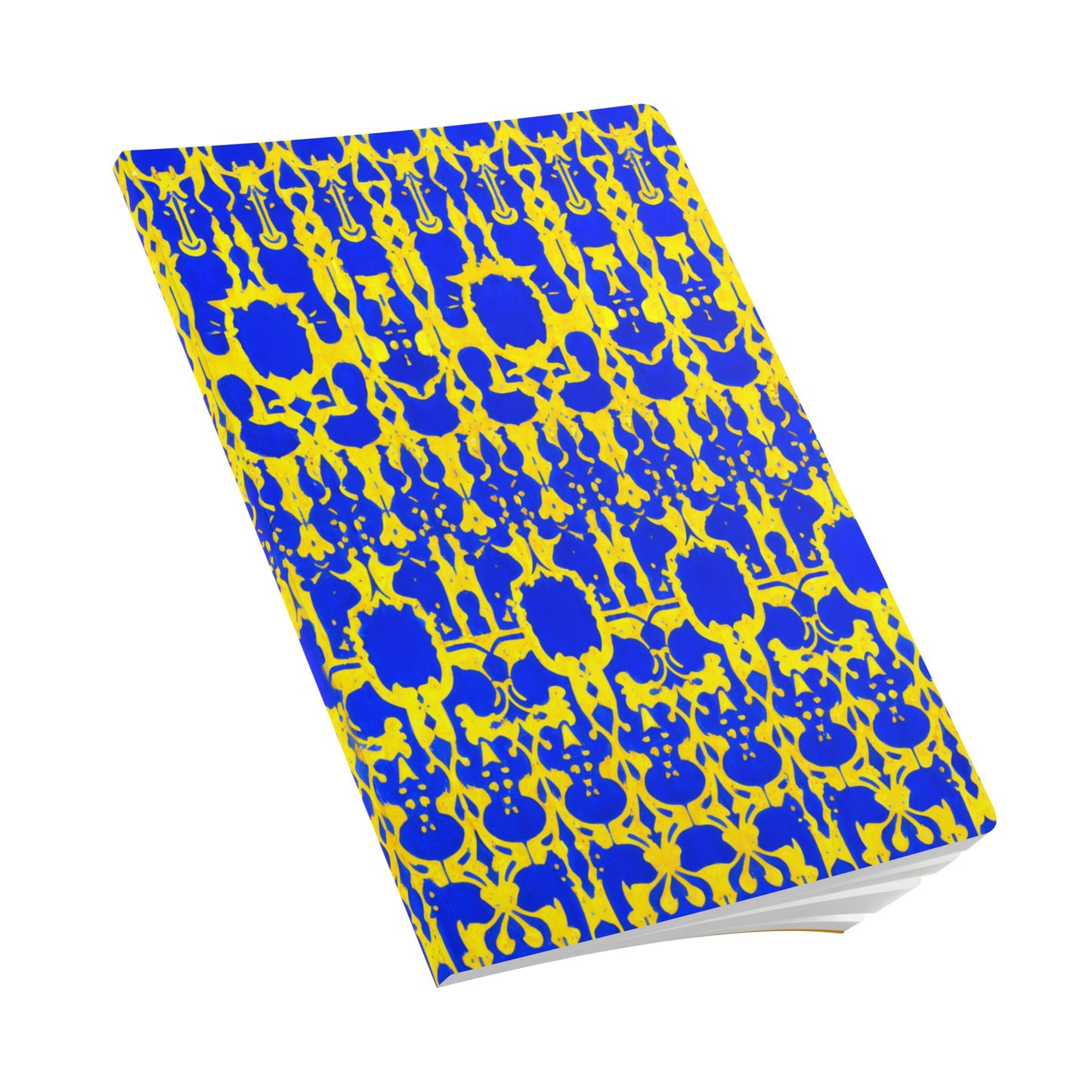 A closed African-inspired journal with a blue and yellow ornate, abstract pattern on the cover. Interlocking shapes and symmetrical motifs create a vibrant, eye-catching look. The creative journal is positioned at an angle on a white background.