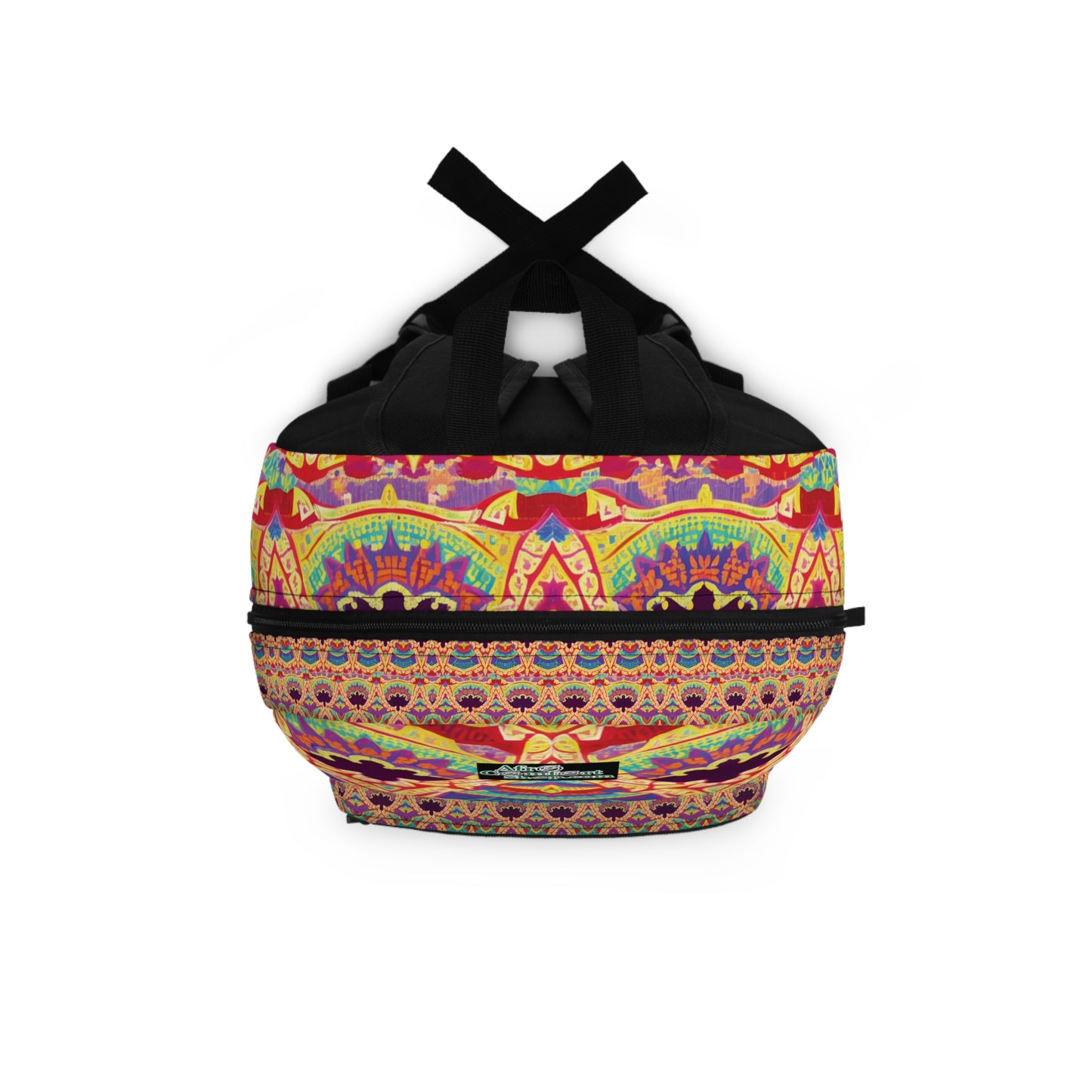 A vibrant duffel bag with black handles, featuring intricate mandala patterns in red, yellow, orange, purple, and blue tones. The detailed geometric and floral designs create lively, vibrant patterns for a boho chic rucksack vibe.