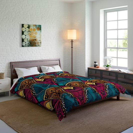 A modern bedroom with a wooden bed featuring an African-inspired, bold-patterned quilt in teal, magenta, gold, and black. The room has white brick walls, a tall floor lamp, woven rug, large windows with natural light, and a decorated dresser.