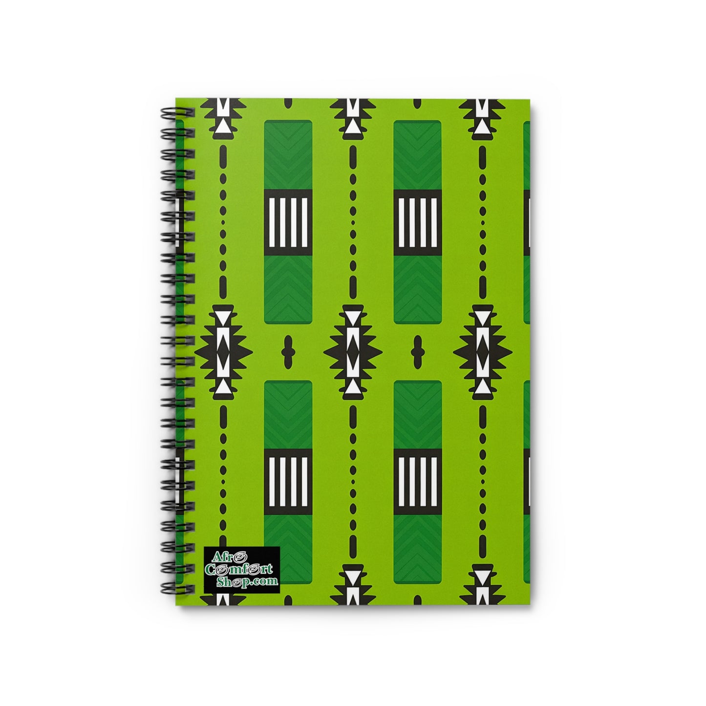 A spiral-bound notebook with a bright green cover featuring a repeating geometric pattern of black, white, and dark green shapes. Enjoy a premium writing experience with this standout from the Aztec Collection Shop’s culturally inspired designs.