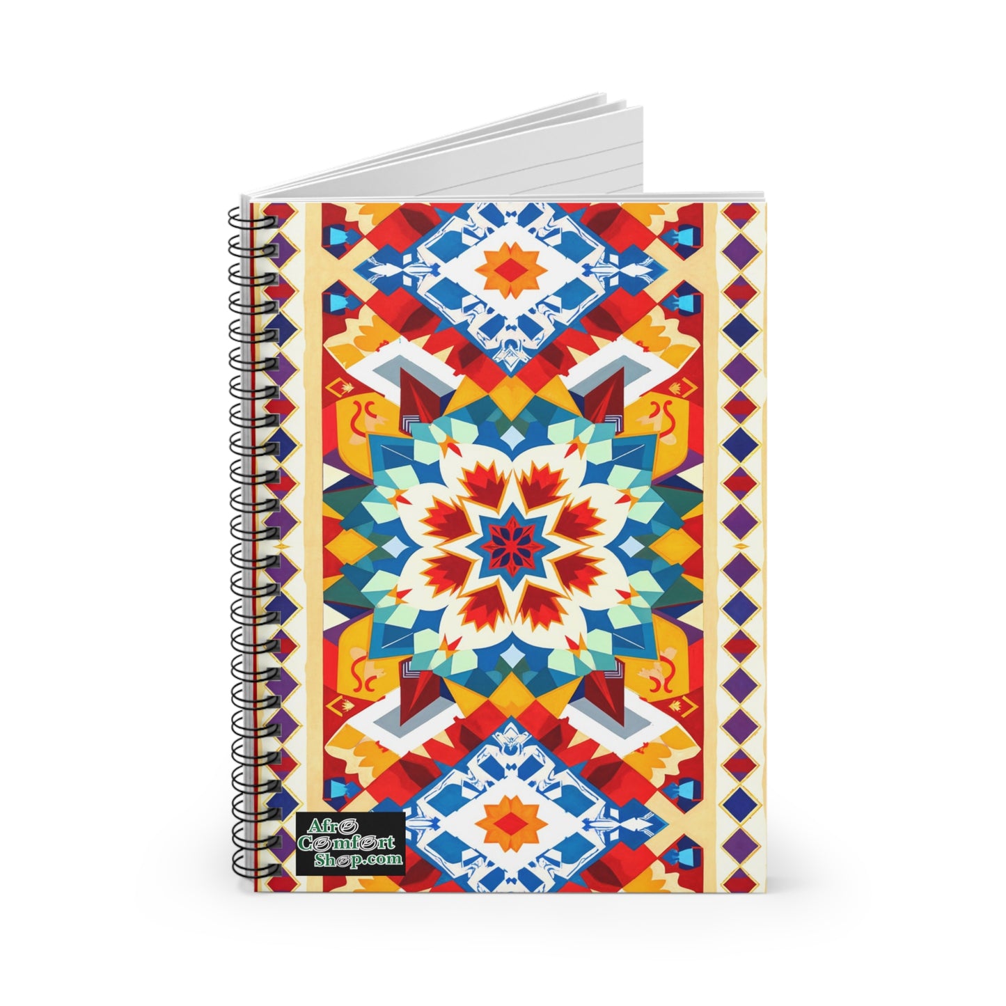 A premium writing journal, this spiral-bound notebook showcases a vibrant geometric cover with African-inspired, symmetrical star and diamond patterns in red, blue, orange, and yellow. “AhvGradientShop.com” is printed in the lower left corner. Blank pages inside are slightly open.