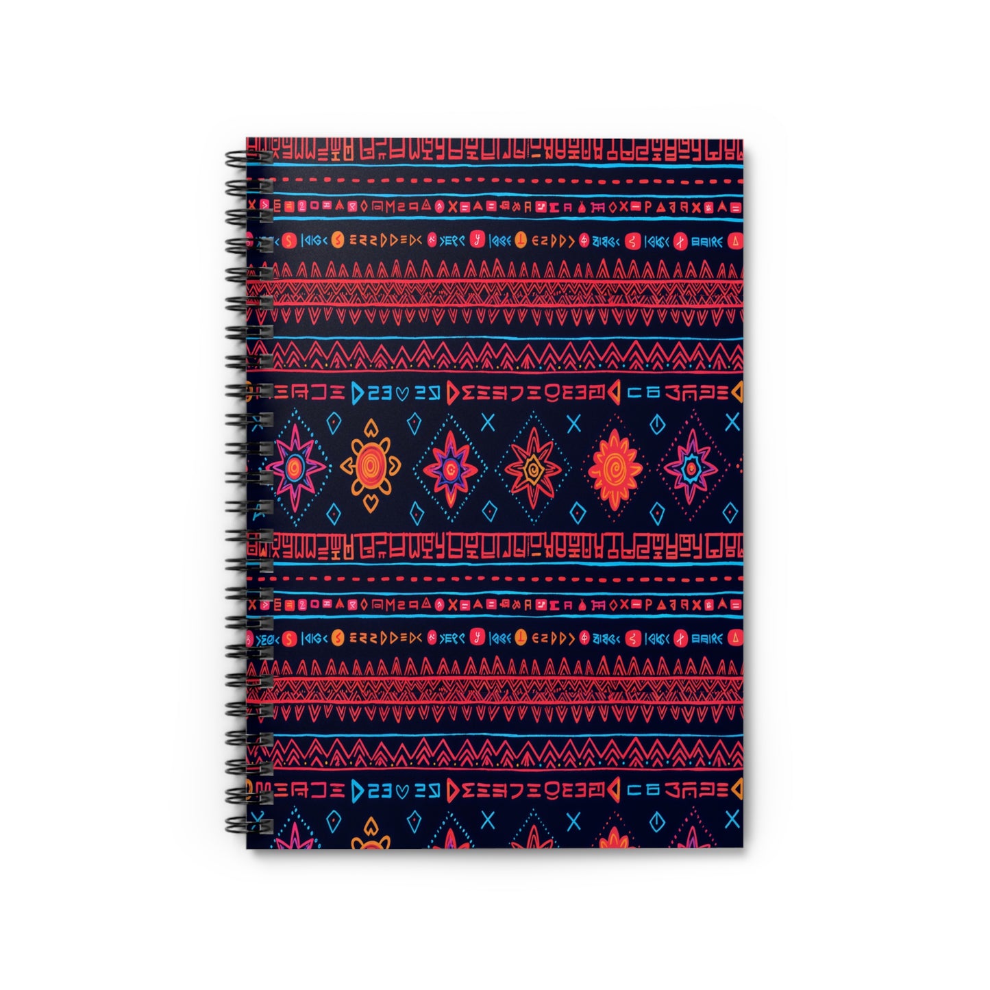 This African-inspired spiral notebook features a dark blue cover with vibrant geometric and floral patterns in red, orange, blue, and pink. Symmetrical diamonds, arrows, and stylized flowers create a bold, colorful, ethnic-inspired design.