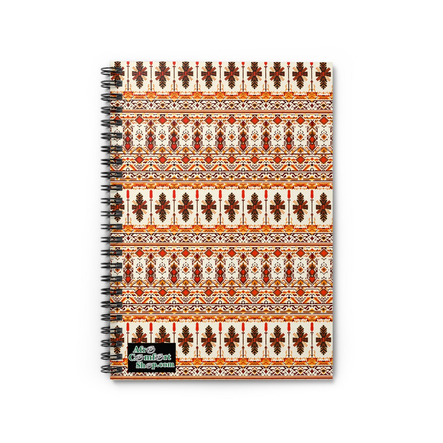 A spiral-bound notebook with a cover featuring culturally inspired designs in red, orange, and brown. Geometric and floral motifs are arranged in stripes. A small green and black label in the corner reads, Artist Collection: Ahsaan.