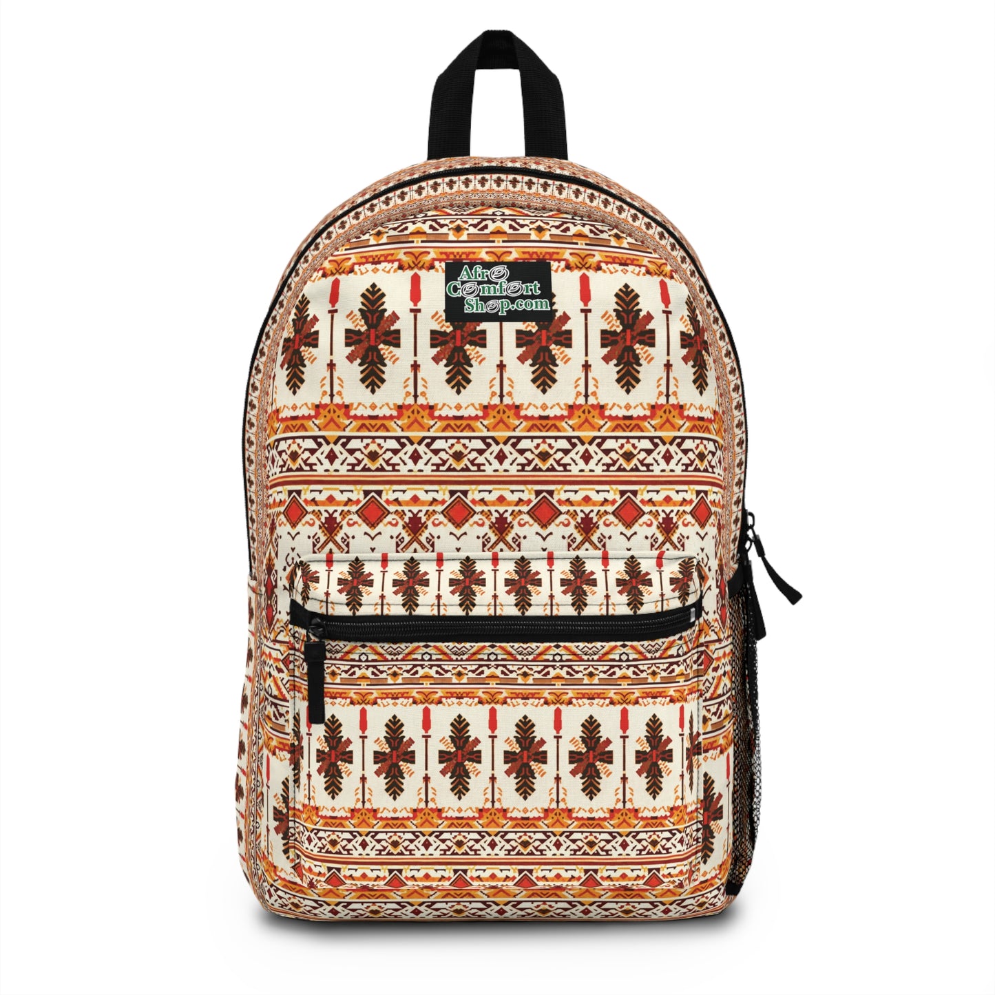 A durable school backpack featuring brown, orange, and black geometric and floral motifs on a cream background. It has a front zip pocket, side mesh pocket, and a green label reading “Nice Current Situation” for added boho chic rucksack flair.