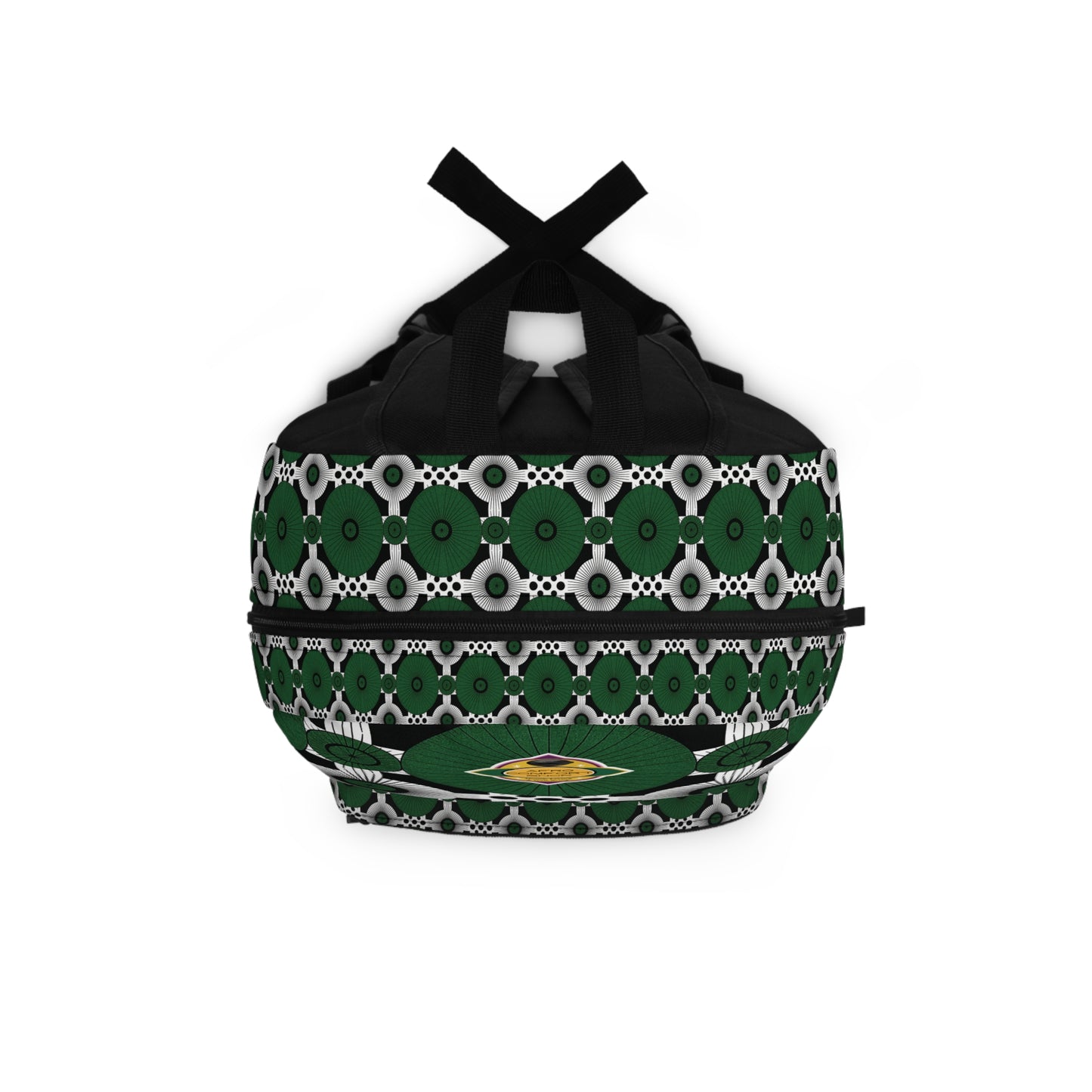A round duffel bag with black handles featuring a green, black, and white geometric pattern. This vibrant backpack showcases circular and hexagonal shapes with a yellow, green, and white emblem at the center front.