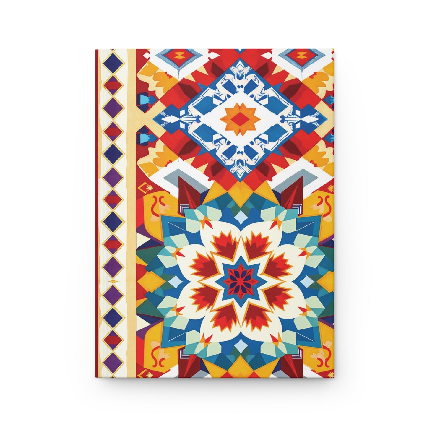 A hardcover journal cover featuring a vibrant geometric pattern with red, blue, yellow, and white colors. The design includes a large central star, diamond shapes, and intricate motifs reminiscent of traditional mosaic art.