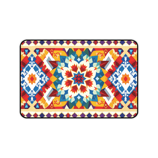 A rectangular neoprene desk mat with a vibrant, symmetrical geometric pattern in red, yellow, blue, teal, and white. This colorful workspace accessory features a central starburst motif and layered borders inspired by Southwestern or Native American art.