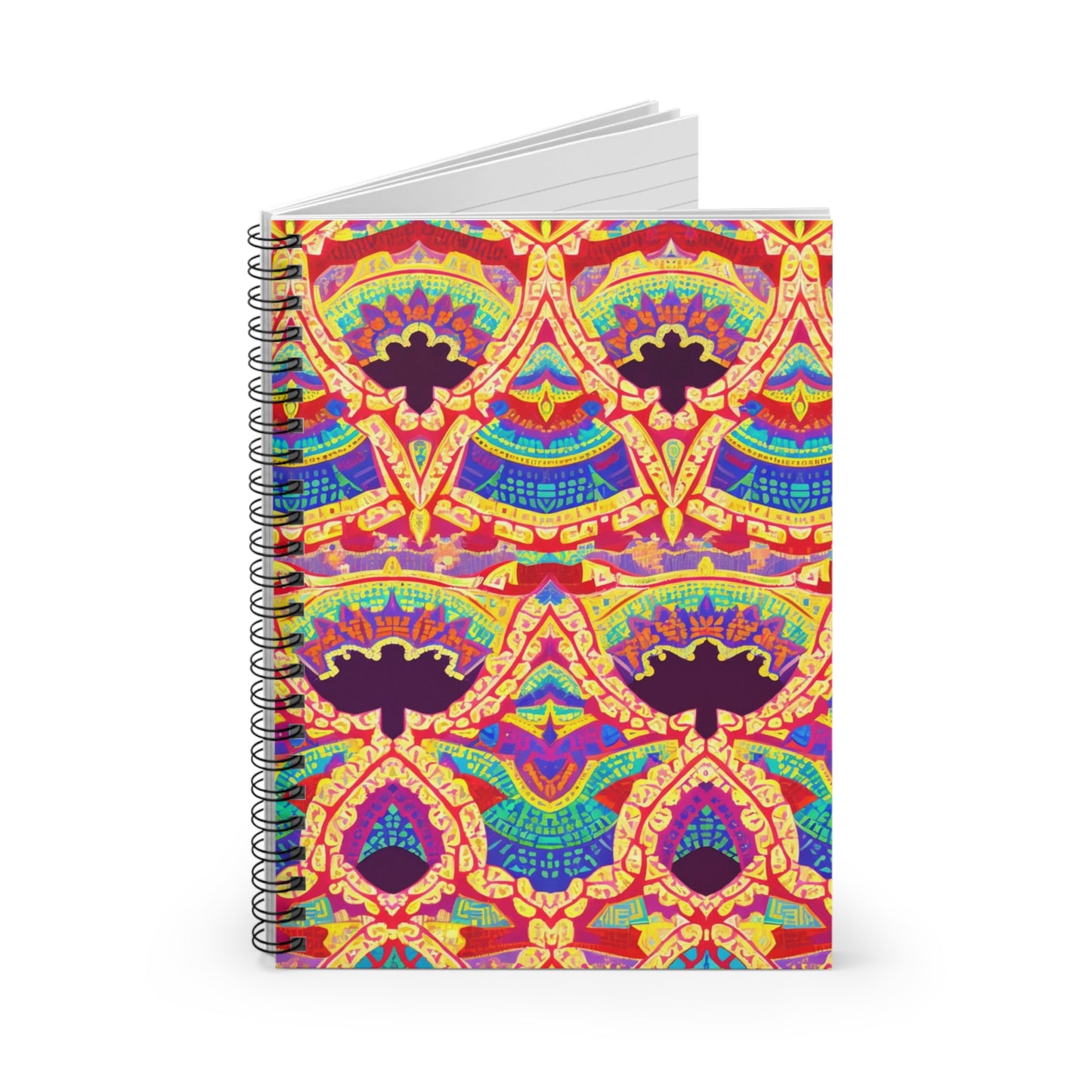 A spiral notebook with a cover featuring vibrant, symmetrical, culturally inspired designs in red, yellow, blue, orange, and purple. The intricate, abstract pattern resembles traditional or bohemian motifs. The notebook is standing upright and open slightly.