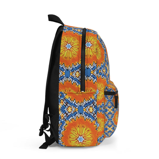 This vibrant backpack features a geometric pattern with bold orange and yellow floral shapes, blue and white diamond accents, black straps, a front pocket, and a top zipper—a perfect African-inspired backpack for stylish adventures.