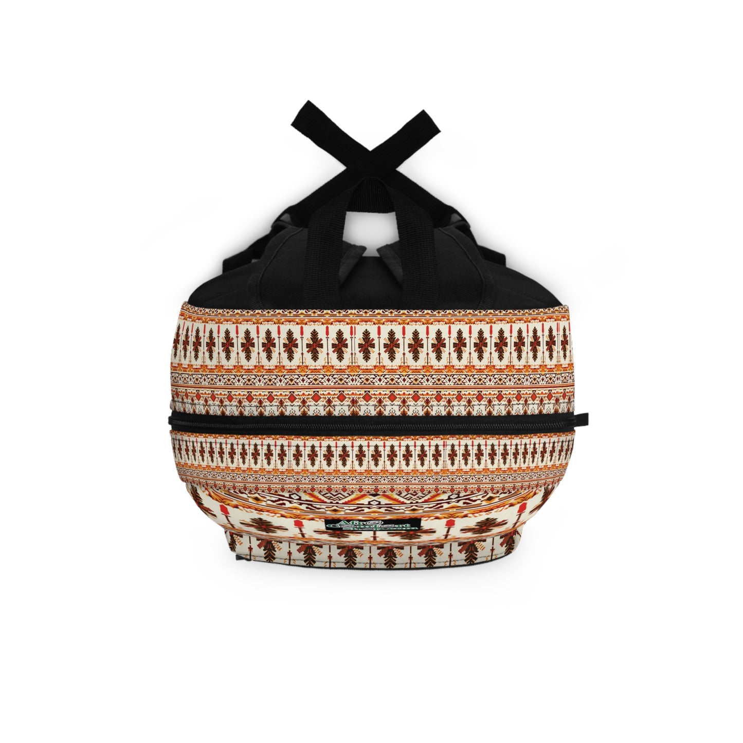 A stylish school backpack with traditional-style orange, brown, and black geometric and floral patterns on white, black top handles tied together, and black straps. This rectangular African-inspired backpack features a visible front zipper pocket.