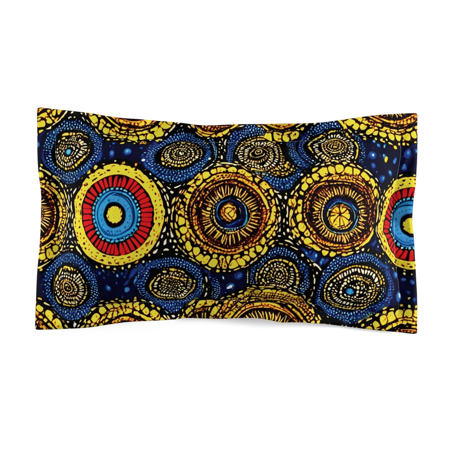 A rectangular Luxury Pillow Sham featuring a vibrant, abstract pattern of concentric circles in yellow, blue, red, and black. The dark blue background with small yellow dots highlights the unique blend of organic and geometric shapes.