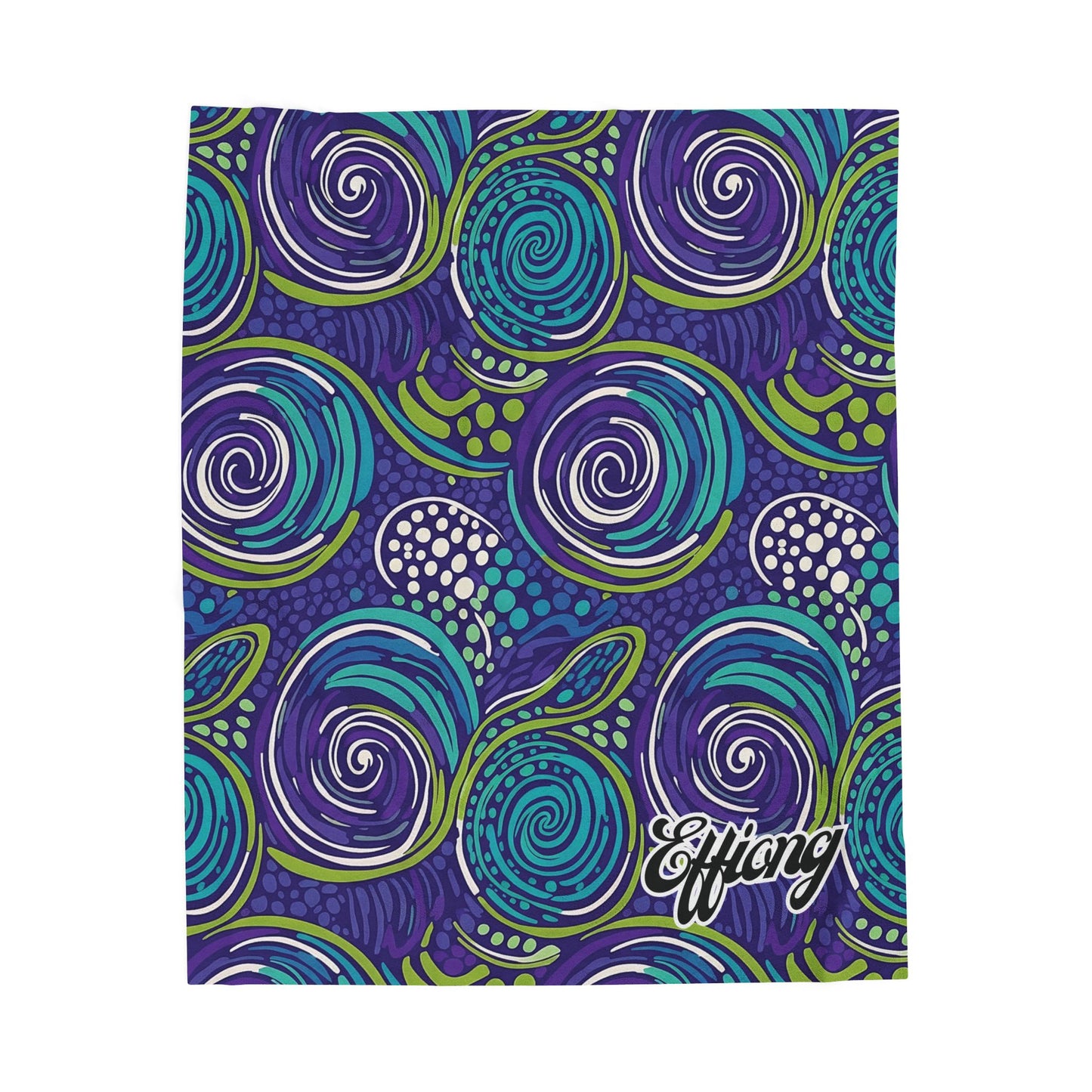 A brightly colored, African-inspired blanket features swirling spirals in purple, blue, and green with dotted accents. The dark purple background and the bold white “Efflong” script add a unique touch—perfect as a personalized velveteen blanket or custom gift.