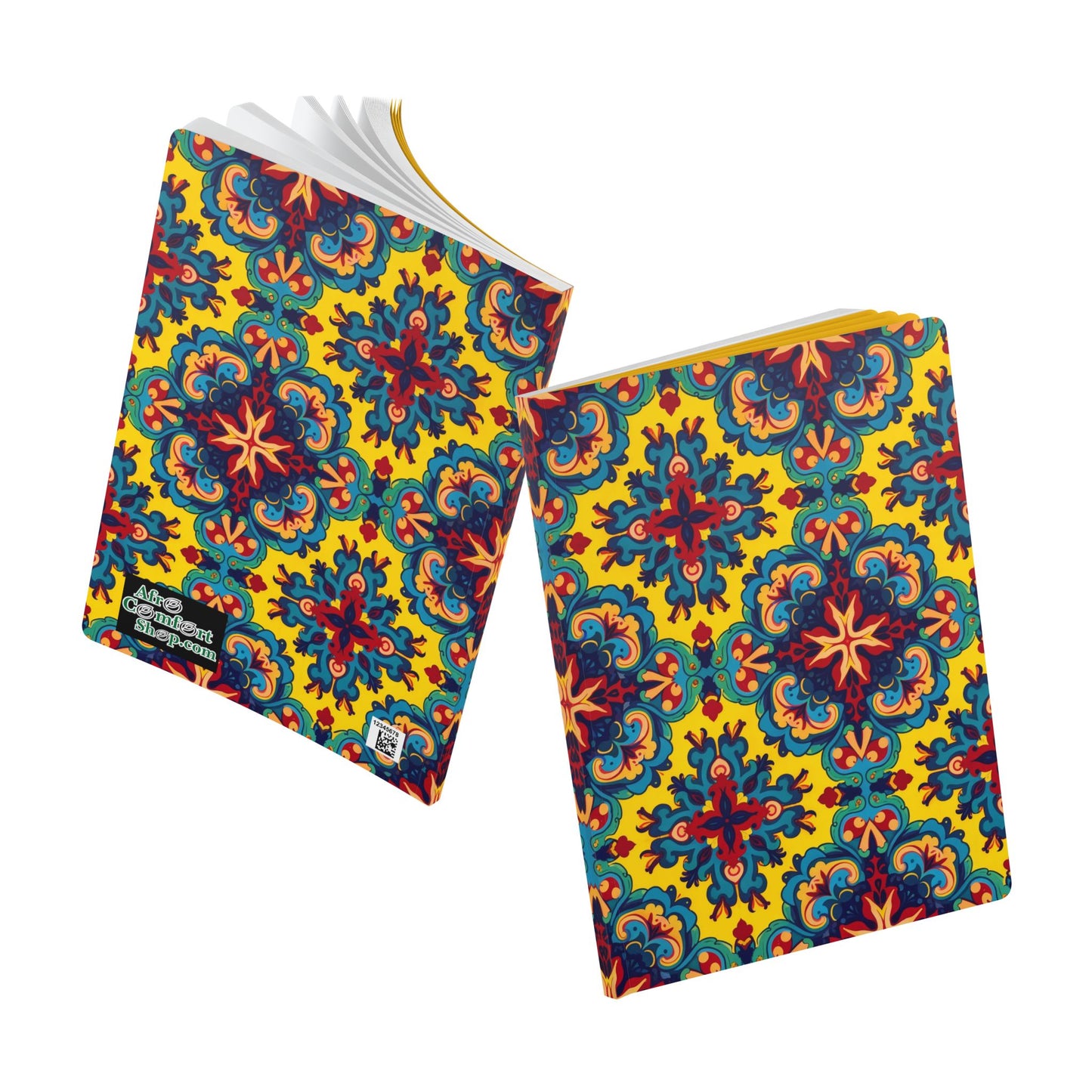 Two notebooks with vibrant, colorful covers featuring a symmetrical, floral-inspired geometric pattern in red, blue, green, and yellow hues. Perfect as an African-inspired journal for creative journal enthusiasts or daily journaling. White background; one notebook slightly open.