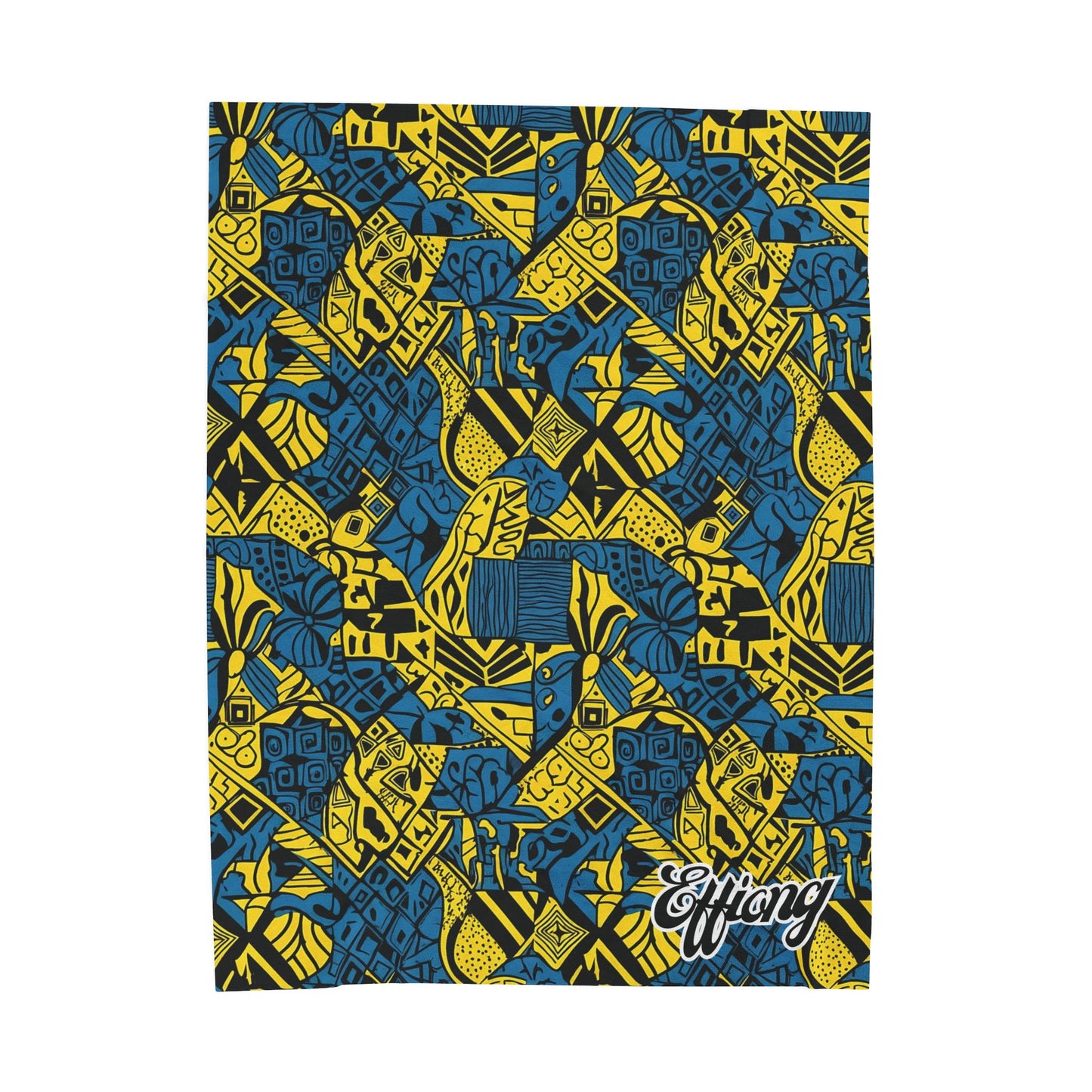A vibrant African-inspired blanket features a bold geometric pattern in yellow, blue, and black, with abstract shapes, lines, and animal motifs. In the lower right corner, “Effiong” is stylishly written, making this a stunning personalized velveteen blanket.