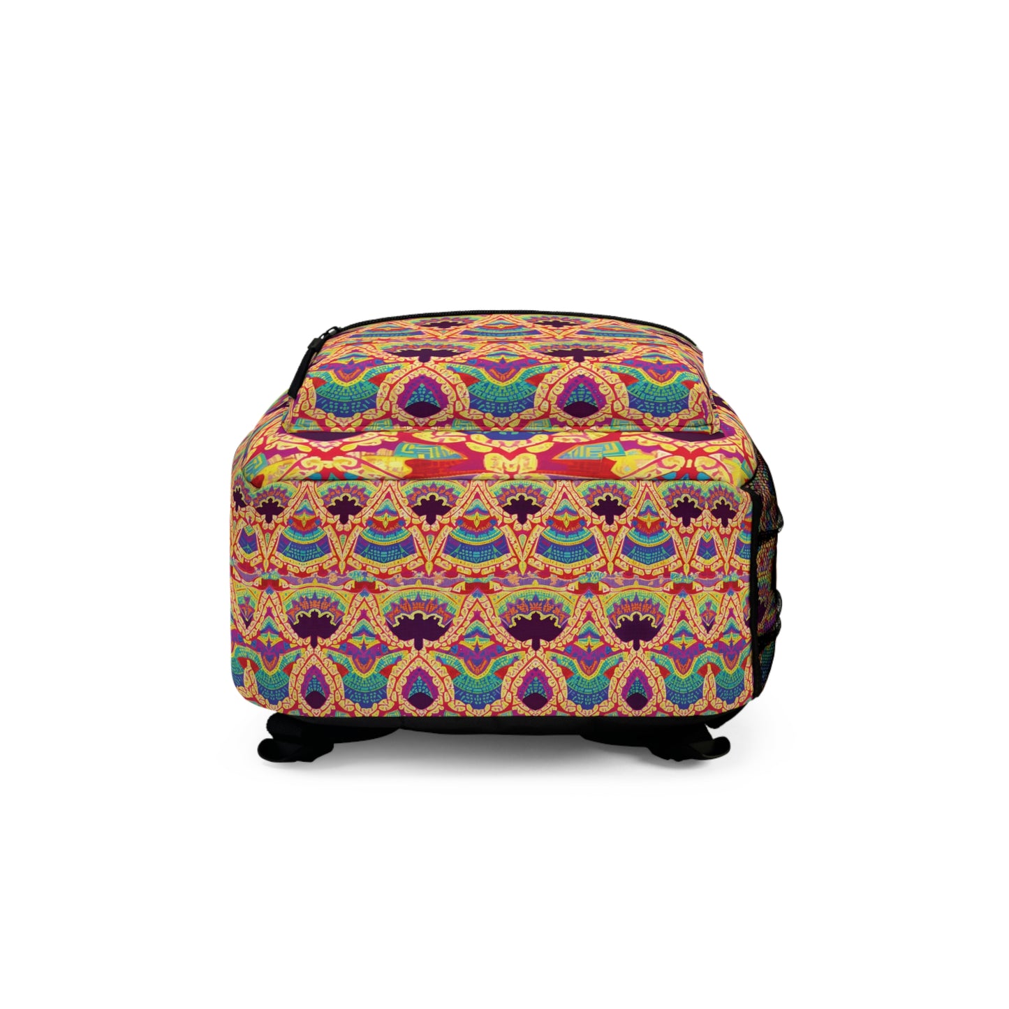 A square ottoman with black feet is covered in a vibrant, multicolored fabric featuring an ornate, symmetrical pattern with vibrant designs in red, yellow, blue, and green—giving it a bold, decorative look reminiscent of boho chic style.
