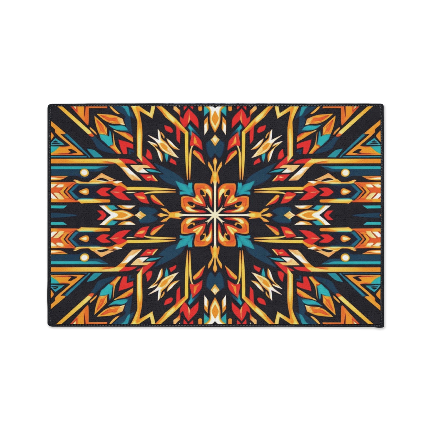 A rectangular, African-inspired rug features a symmetrical, kaleidoscopic geometric pattern in vibrant orange, yellow, red, blue, and teal on black. The design radiates boldly from the center for a dynamic look—perfect as custom floor mats.