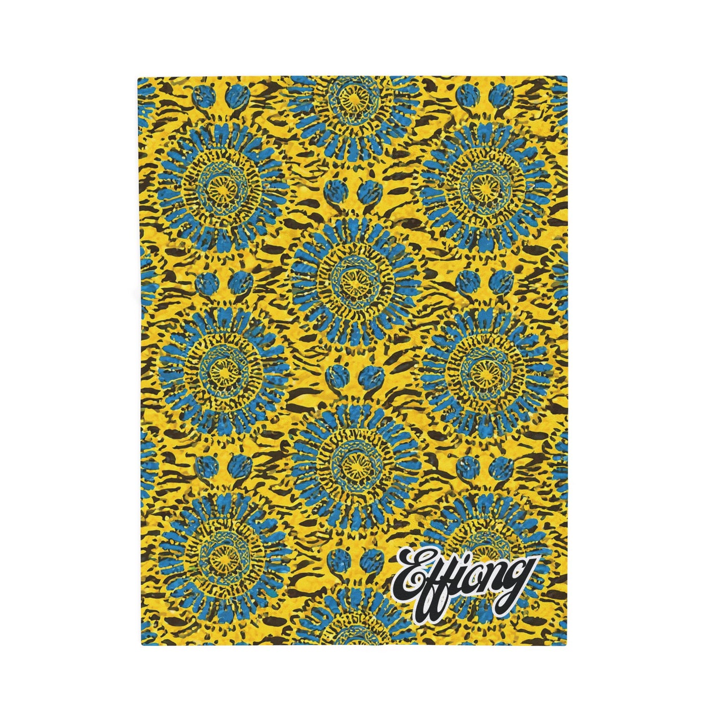 A vibrant pattern with blue and green circular floral shapes and dots repeats on a bright yellow background with black irregular spots. Effiong appears in bold, cursive white letters—a striking African-inspired personalized blanket and unique gift keepsake.