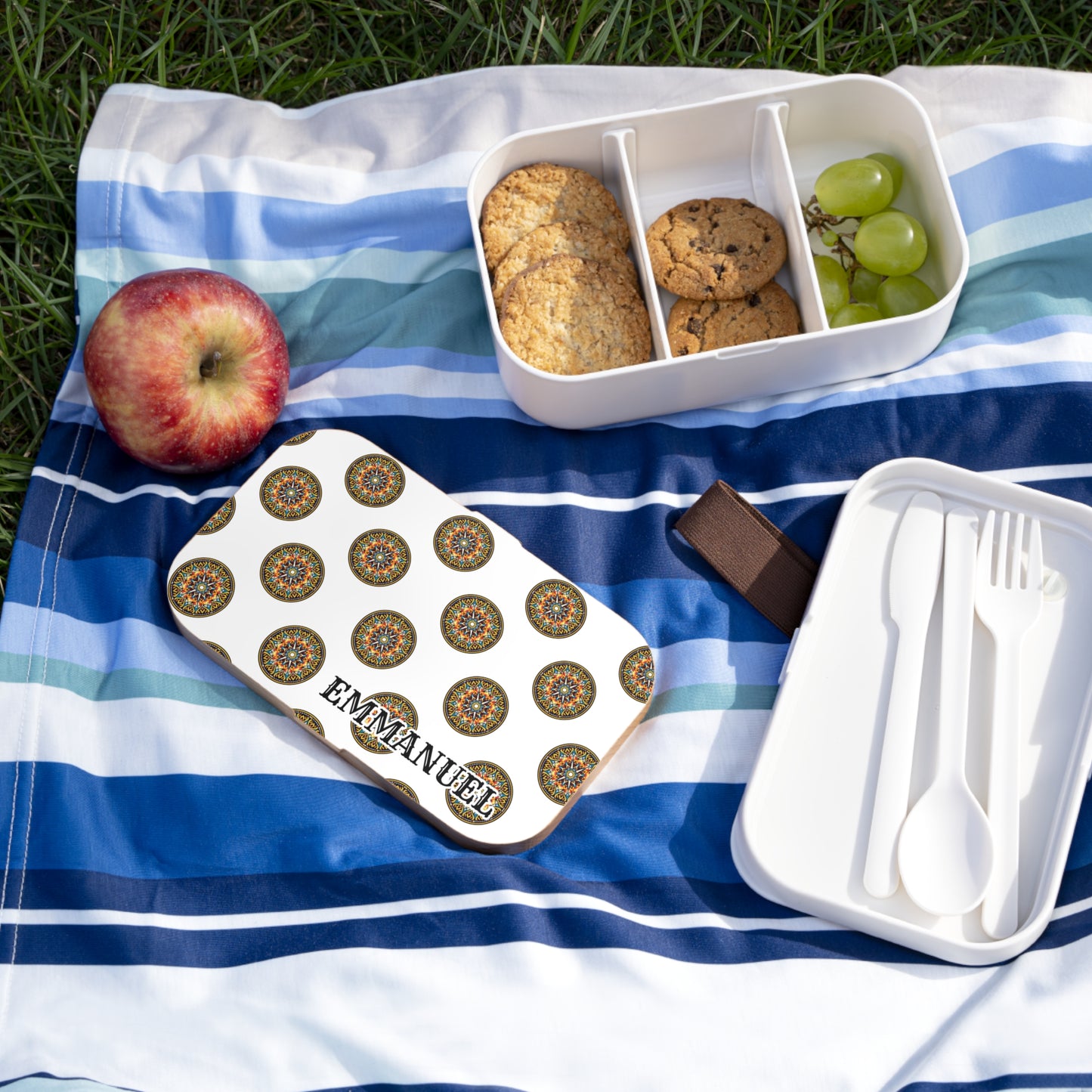 A striped picnic blanket on grass holds an apple, a BPA-free lunchbox with cookies and green grapes, and a box with white utensils. The personalized lunch box lid features circular patterns and “EMMANUEL” printed on it.
