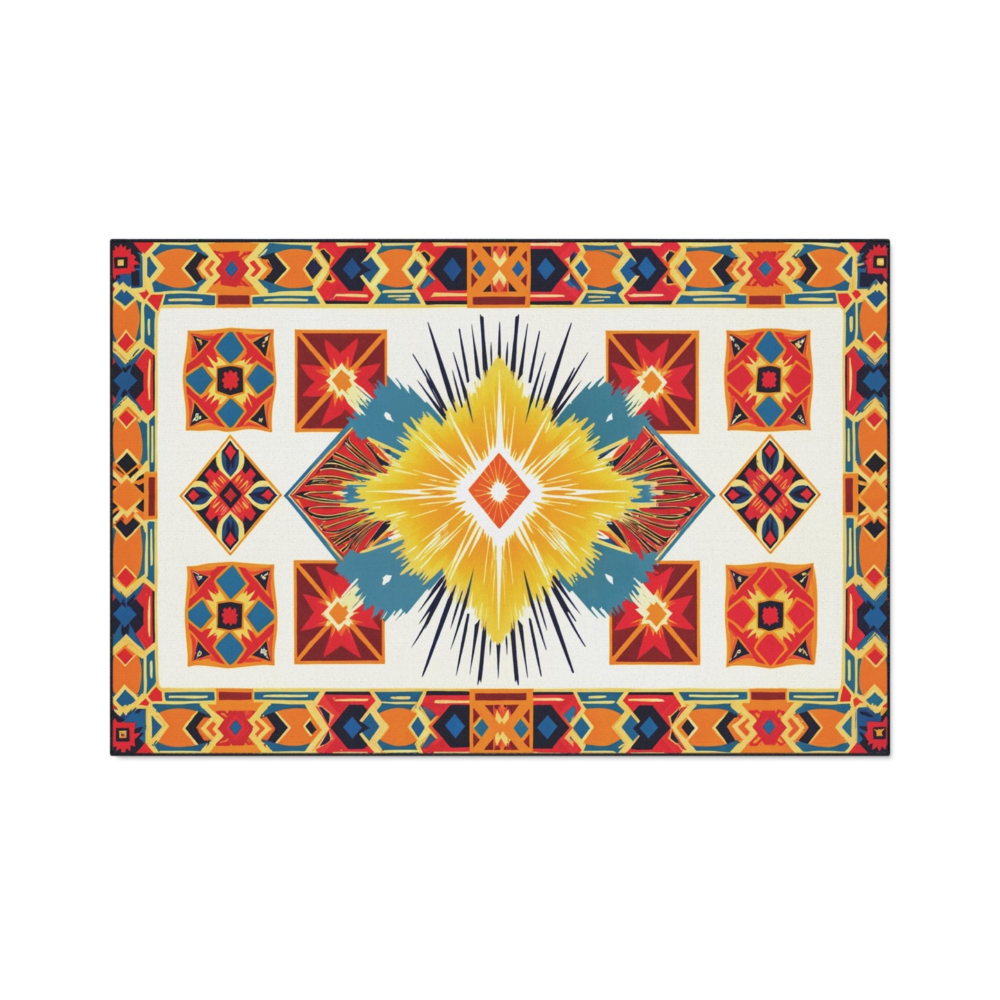 A rectangular rug with a vibrant Native-inspired geometric pattern and non-slip rubber backing. The central yellow diamond is surrounded by red, blue, and orange shapes, plus intricate borders of triangles and diamonds on a white background.