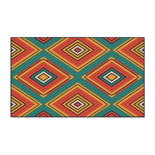 A rectangular rug features a bold geometric pattern of overlapping diamond shapes in red, orange, yellow, and teal, drawing on African-inspired aesthetics. The symmetrical design creates a vibrant, eye-catching look with depth and movement.