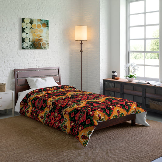 A neatly made bed with a colorful, floral-patterned Cozy Comforter sits in a bright bedroom with white brick walls, a floor lamp, artwork, and a wooden dresser topped with plants and decor items. Crafted from soft polyester for lasting durable design.