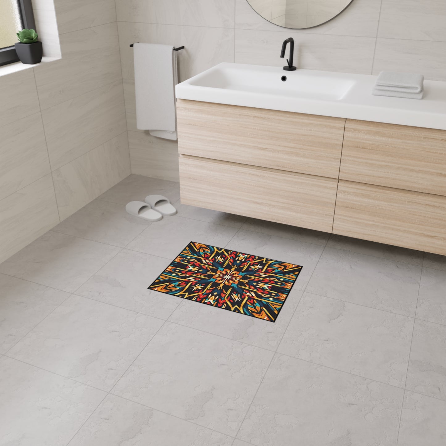 A modern, light-colored bathroom with a floating wood vanity, white countertop, round mirror, towel, slippers, and a bright, African-inspired non-slip geometric bath mat on the gray tiled floor. Natural light enters from a window on the left.