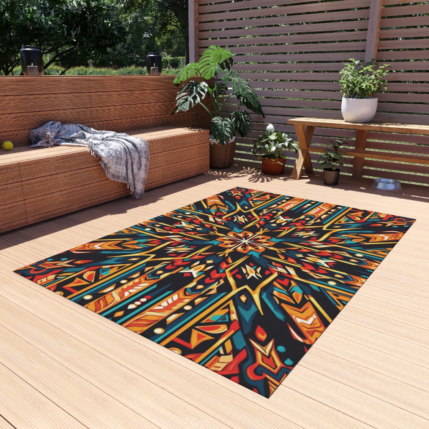 A colorful, African-inspired outdoor rug featuring red, blue, yellow, and orange accents lies on a light wooden deck. Made of weather-resistant polyester chenille with no-slip backing, it sits near a wicker sofa and potted plants amid lush greenery.
