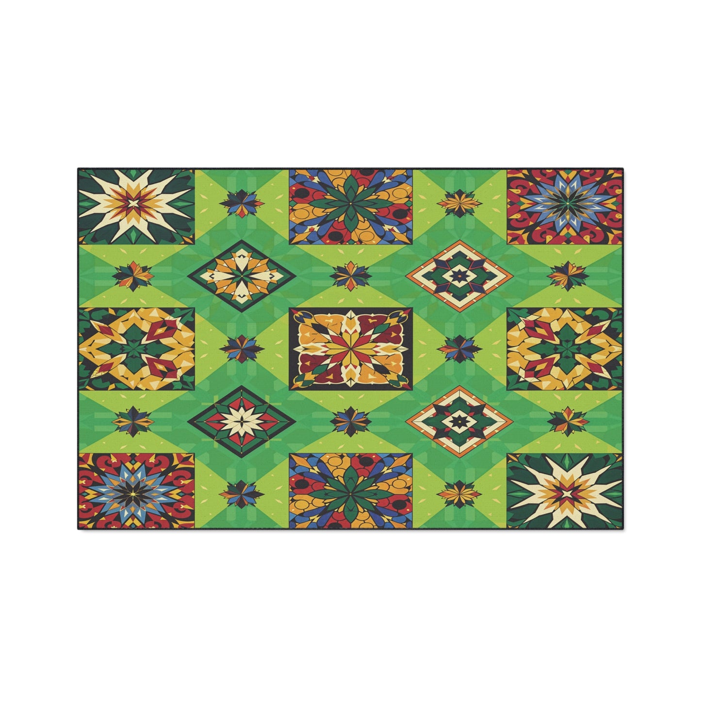 A colorful geometric quilt pattern with square blocks in shades of green, blue, red, and yellow. Each block showcases intricate, African-inspired starburst and diamond designs, creating a vibrant mosaic perfect for custom floor mats with non-slip rubber backing.