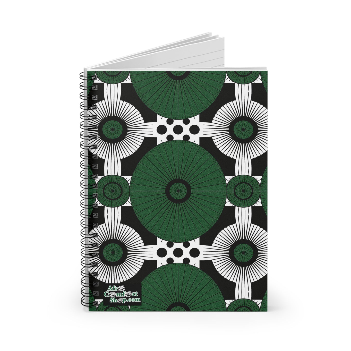 A spiral-bound notebook with a bold, African-inspired geometric pattern of green circles, black and white concentric shapes, and black dots on white. The bottom left reads “The Content Shop” in white, celebrating culturally inspired designs.