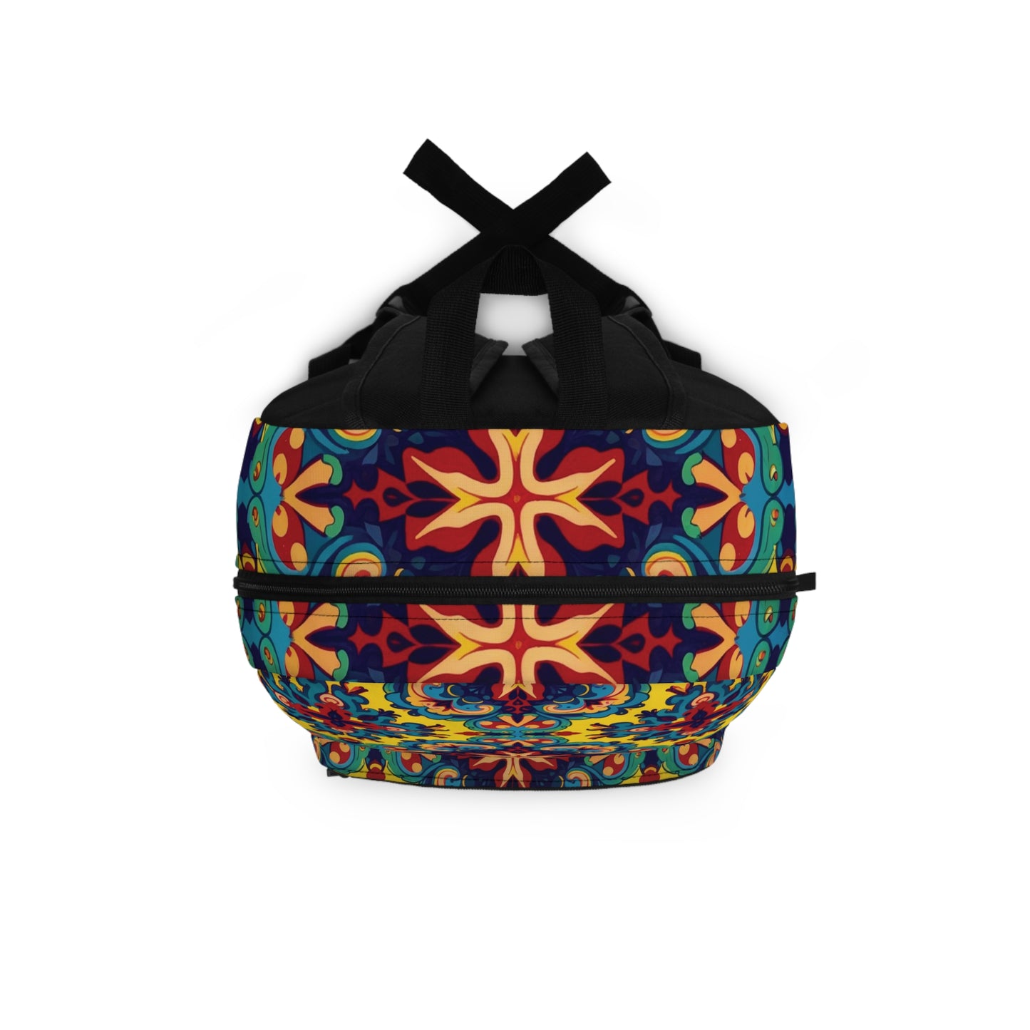 A colorful duffel bag with black handles features a vibrant, symmetrical pattern in red, yellow, blue, green, and orange tones. Its swirling motifs and bold geometric shapes give this African-inspired backpack an artistic, kaleidoscopic appearance.