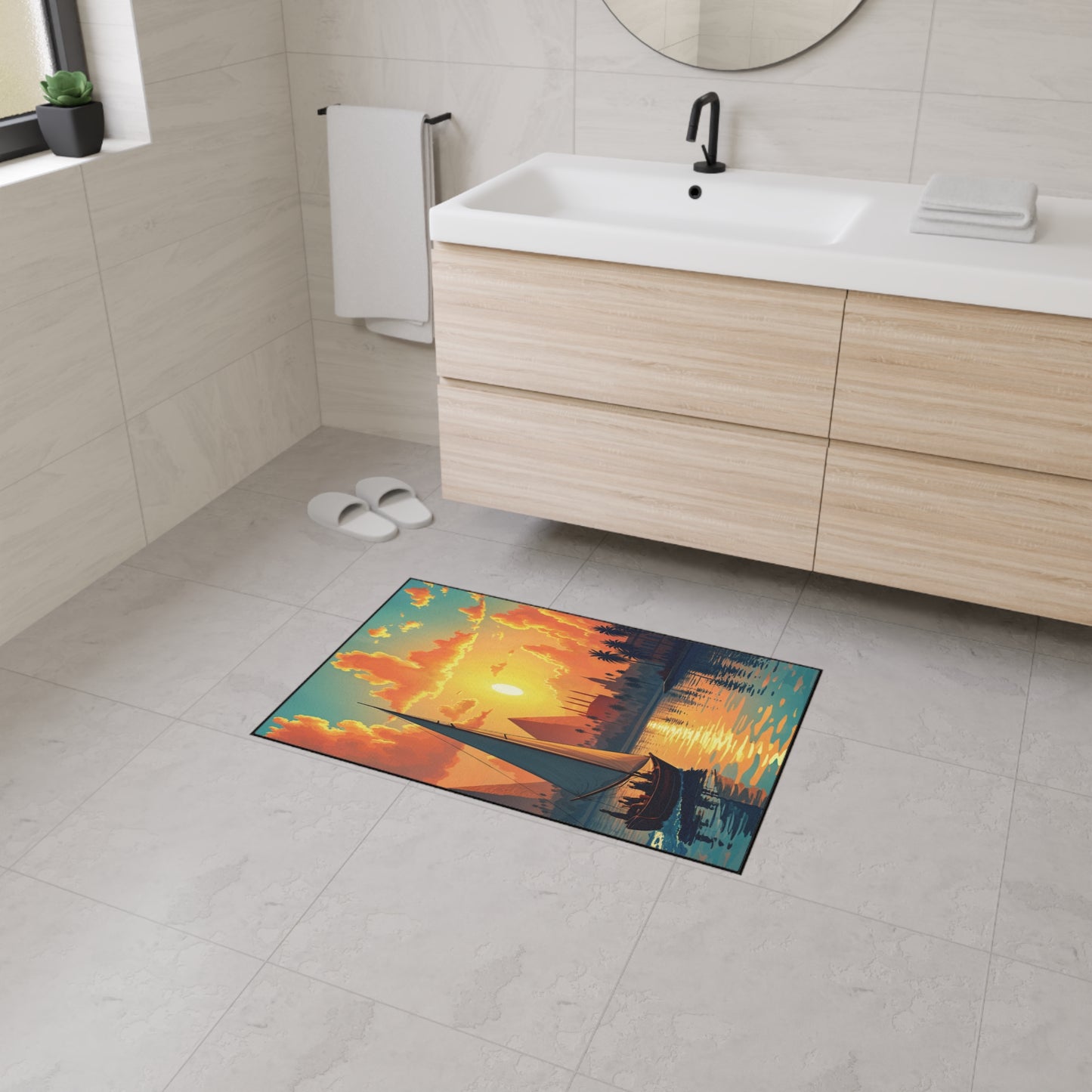 A modern bathroom with light tile and a wood vanity features a custom floor mat with a vibrant sunset and sailboat. The rectangular bathmat’s non-slip rubber backing ensures safety, while white slippers and folded towels complete the scene.